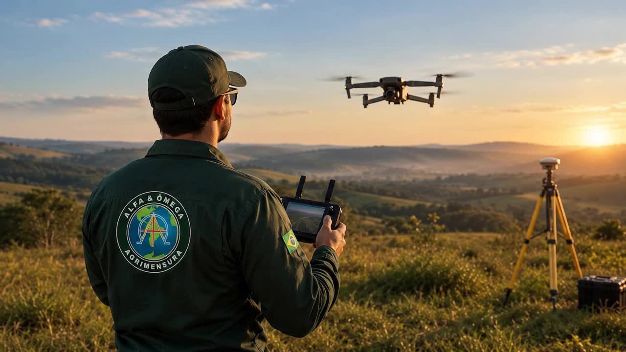 Drone sobre uma área rural durante levantamento aéreo